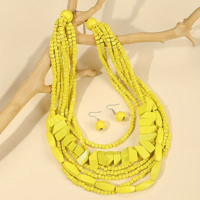 Three-piece Bohemian 5-color Wooden Multi-layer Necklace Sweater Chain Earrings Jewelry Set