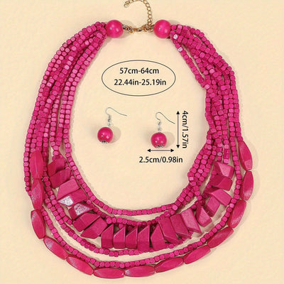 Three-piece Bohemian 5-color Wooden Multi-layer Necklace Sweater Chain Earrings Jewelry Set