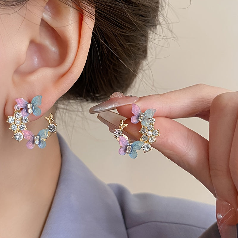 1 Pair Dazzling Rhinestone Dangle Earrings - Delicate Butterfly Flower Wreath Drop Design with Intricate Details, Sophisticated and Playful Style - Vibrant Color Scheme Earrings Jewelry for Women
