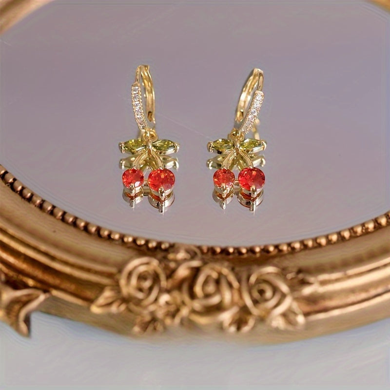 1pair Rhinestone Cherry Shaped Dangle Earrings, Jewelry for Daily Wear