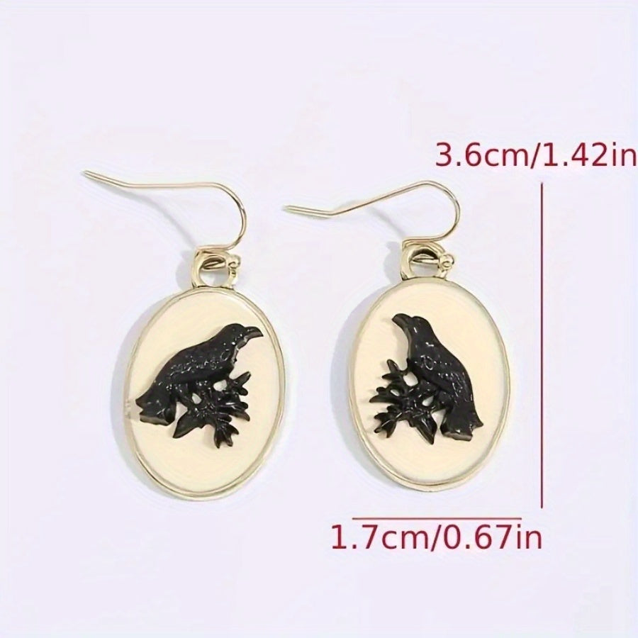 Retro Oval Black Crow Pattern Alloy Dangle Earrings, Jewelry Gift For Birthday Anniversary