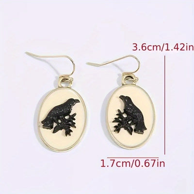 Retro Oval Black Crow Pattern Alloy Dangle Earrings, Jewelry Gift For Birthday Anniversary