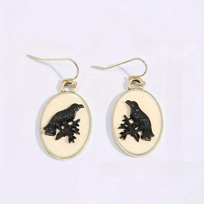 Retro Oval Black Crow Pattern Alloy Dangle Earrings, Jewelry Gift For Birthday Anniversary