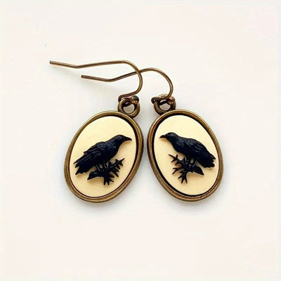 Retro Oval Black Crow Pattern Alloy Dangle Earrings, Jewelry Gift For Birthday Anniversary