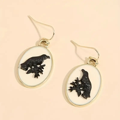 Retro Oval Black Crow Pattern Alloy Dangle Earrings, Jewelry Gift For Birthday Anniversary