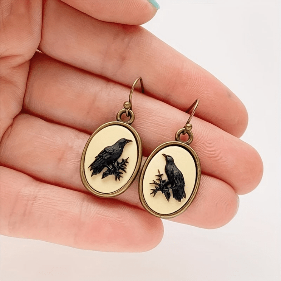 Retro Oval Black Crow Pattern Alloy Dangle Earrings, Jewelry Gift For Birthday Anniversary