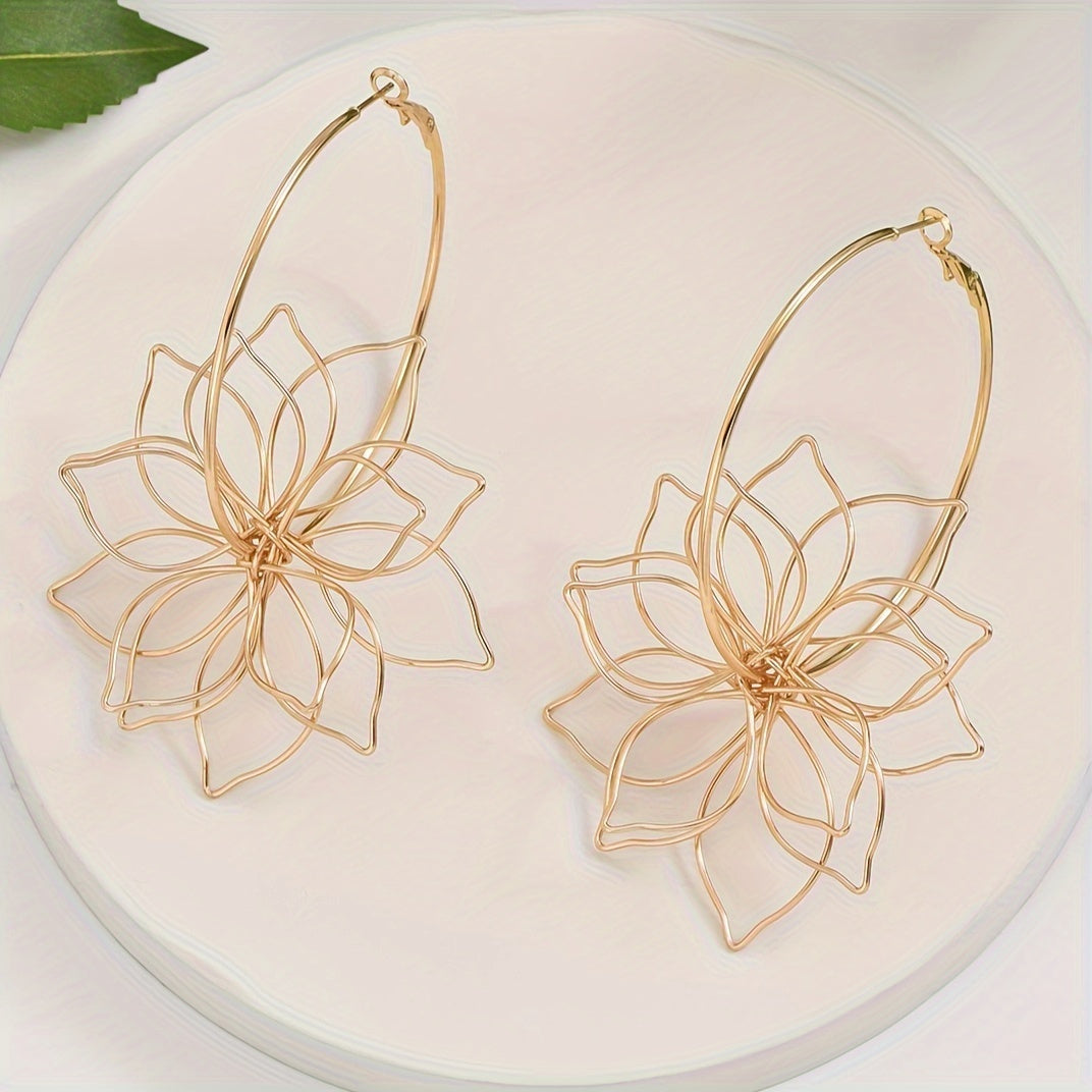1 Pair Hollow Flower Shaped Hoop Earrings, Hollow Petal Simple Line Flower Hoop Earrings, Elegant Party Earrings Jewelry