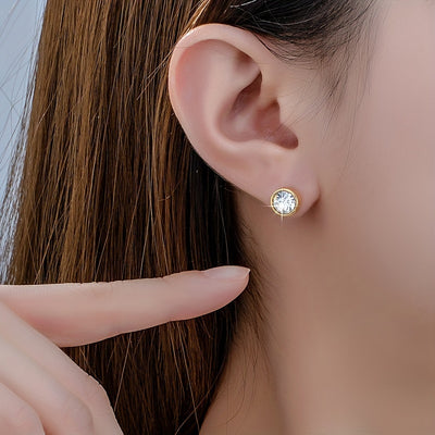 Summer Exquisite Golden Stud Earrings, Round Shaped Zircon Decor 18K Gold Plated Trendy Stud Earrings, Preppy And Minimalist Style Earrings Jewelry