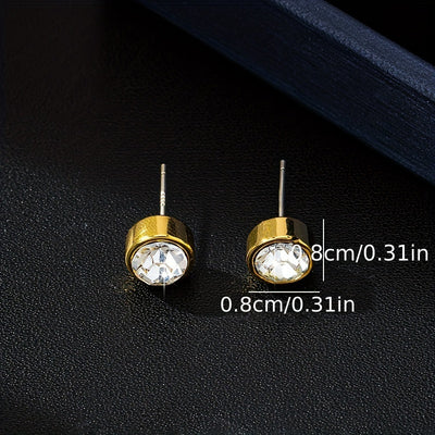 Summer Exquisite Golden Stud Earrings, Round Shaped Zircon Decor 18K Gold Plated Trendy Stud Earrings, Preppy And Minimalist Style Earrings Jewelry