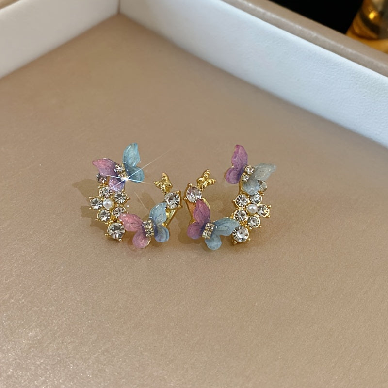 1 Pair Dazzling Rhinestone Dangle Earrings - Delicate Butterfly Flower Wreath Drop Design with Intricate Details, Sophisticated and Playful Style - Vibrant Color Scheme Earrings Jewelry for Women