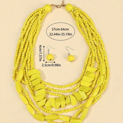 Three-piece Bohemian 5-color Wooden Multi-layer Necklace Sweater Chain Earrings Jewelry Set