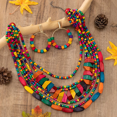 Three-piece Bohemian 5-color Wooden Multi-layer Necklace Sweater Chain Earrings Jewelry Set