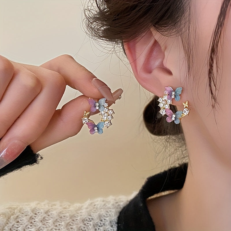 1 Pair Dazzling Rhinestone Dangle Earrings - Delicate Butterfly Flower Wreath Drop Design with Intricate Details, Sophisticated and Playful Style - Vibrant Color Scheme Earrings Jewelry for Women