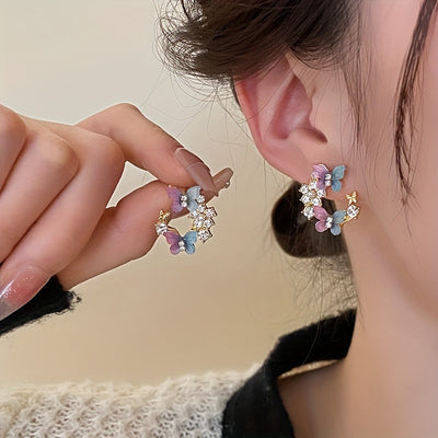 1 Pair Dazzling Rhinestone Dangle Earrings - Delicate Butterfly Flower Wreath Drop Design with Intricate Details, Sophisticated and Playful Style - Vibrant Color Scheme Earrings Jewelry for Women