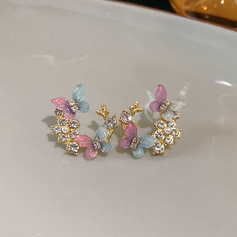 1 Pair Dazzling Rhinestone Dangle Earrings - Delicate Butterfly Flower Wreath Drop Design with Intricate Details, Sophisticated and Playful Style - Vibrant Color Scheme Earrings Jewelry for Women