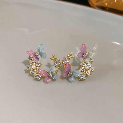 1 Pair Dazzling Rhinestone Dangle Earrings - Delicate Butterfly Flower Wreath Drop Design with Intricate Details, Sophisticated and Playful Style - Vibrant Color Scheme Earrings Jewelry for Women
