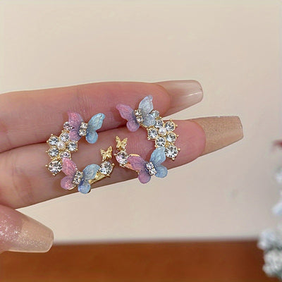 1 Pair Dazzling Rhinestone Dangle Earrings - Delicate Butterfly Flower Wreath Drop Design with Intricate Details, Sophisticated and Playful Style - Vibrant Color Scheme Earrings Jewelry for Women
