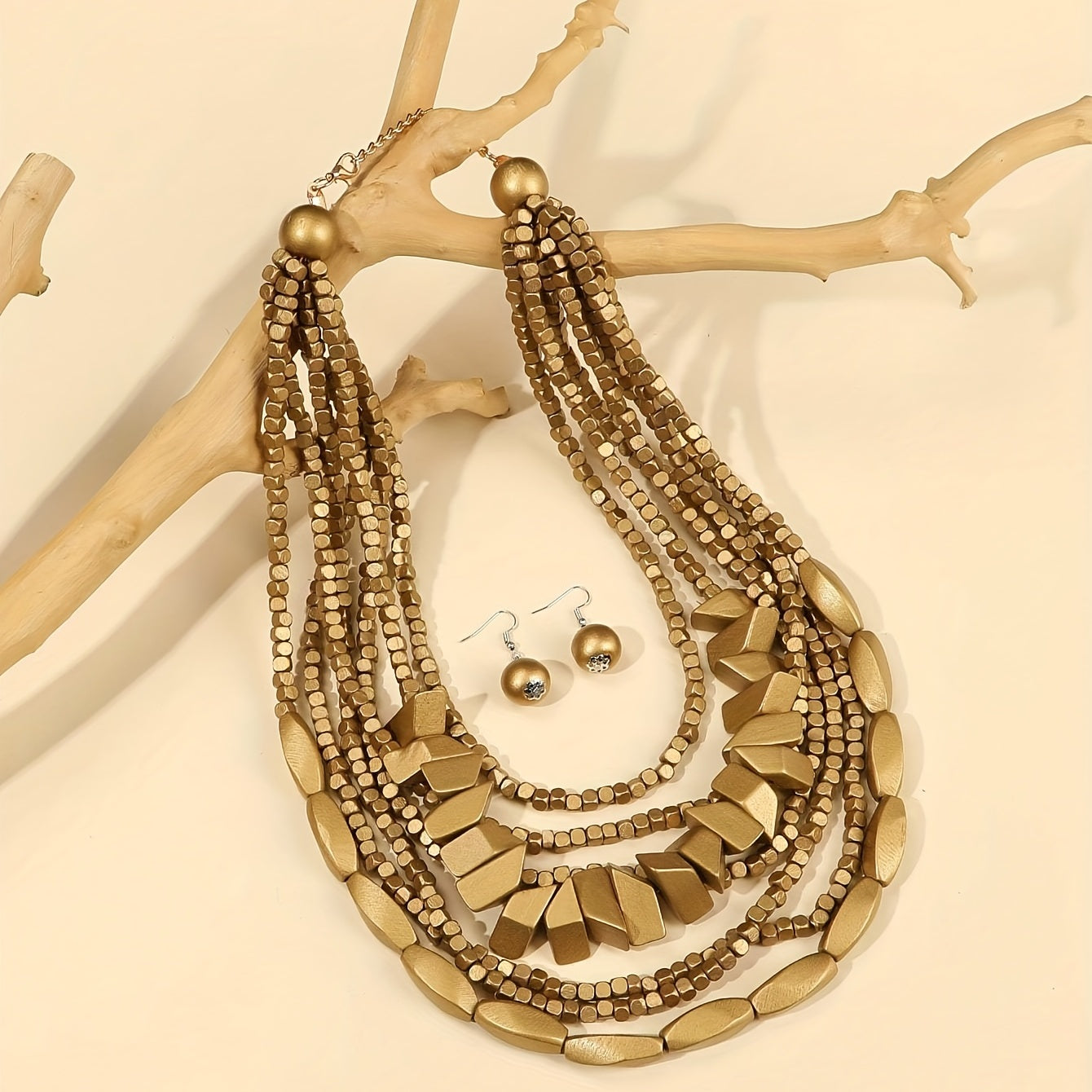 Three-piece Bohemian 5-color Wooden Multi-layer Necklace Sweater Chain Earrings Jewelry Set