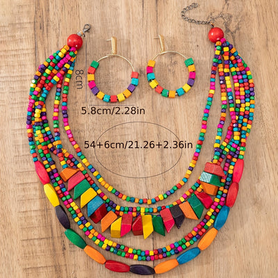 Three-piece Bohemian 5-color Wooden Multi-layer Necklace Sweater Chain Earrings Jewelry Set