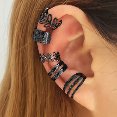 5-Piece Set of Golden Leaf U-Shaped Double-Layered Cartilage Clip-Ons - Non-Pierced Unisex Earrings Jewelry with Creative and Personalized Hollow Ear Clips - Ideal Holiday Gift