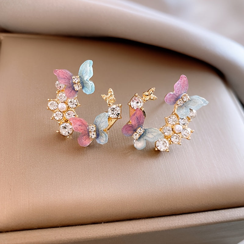 1 Pair Dazzling Rhinestone Dangle Earrings - Delicate Butterfly Flower Wreath Drop Design with Intricate Details, Sophisticated and Playful Style - Vibrant Color Scheme Earrings Jewelry for Women