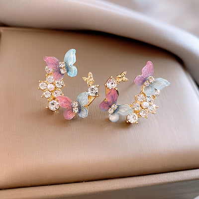 1 Pair Dazzling Rhinestone Dangle Earrings - Delicate Butterfly Flower Wreath Drop Design with Intricate Details, Sophisticated and Playful Style - Vibrant Color Scheme Earrings Jewelry for Women