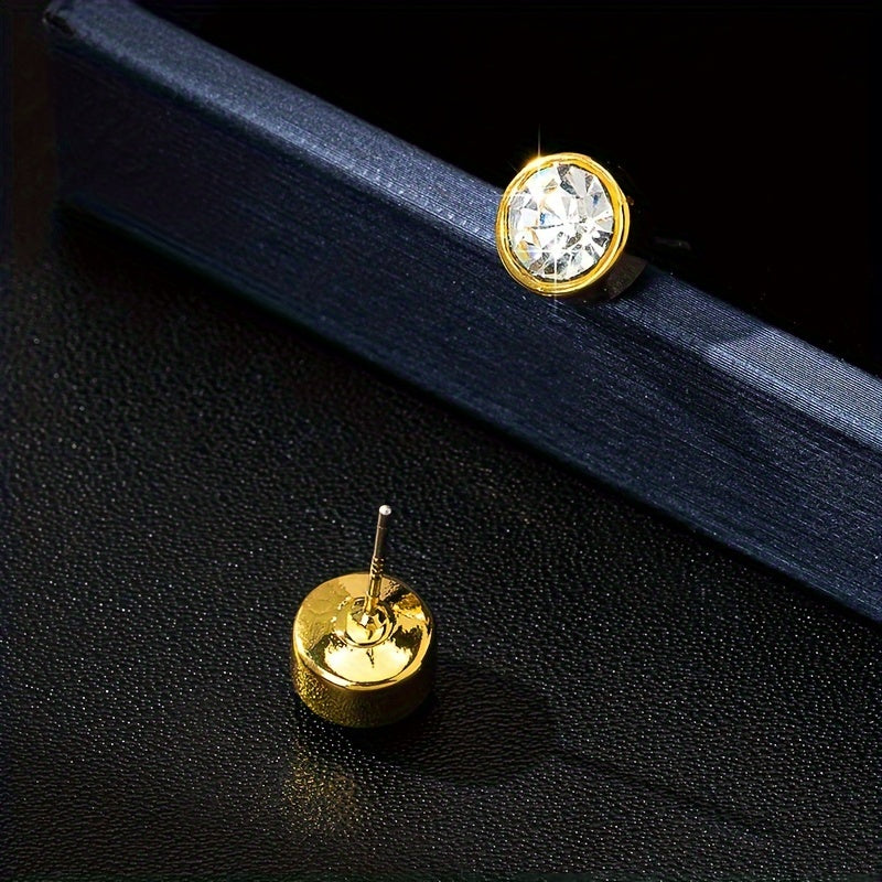 Summer Exquisite Golden Stud Earrings, Round Shaped Zircon Decor 18K Gold Plated Trendy Stud Earrings, Preppy And Minimalist Style Earrings Jewelry