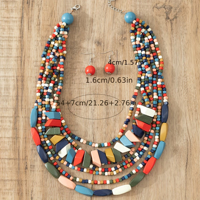 Three-piece Bohemian 5-color Wooden Multi-layer Necklace Sweater Chain Earrings Jewelry Set