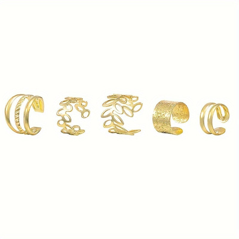 5-Piece Set of Golden Leaf U-Shaped Double-Layered Cartilage Clip-Ons - Non-Pierced Unisex Earrings Jewelry with Creative and Personalized Hollow Ear Clips - Ideal Holiday Gift
