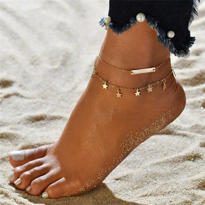 Simple Anklet Silver Color Double Layers Ball Pendant Anklet Summer Beach Bracelets Frosted Beads Anklets Bracelet Women Jewelry