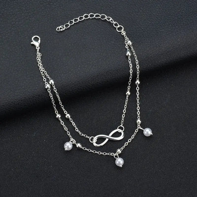 Simple Anklet Silver Color Double Layers Ball Pendant Anklet Summer Beach Bracelets Frosted Beads Anklets Bracelet Women Jewelry