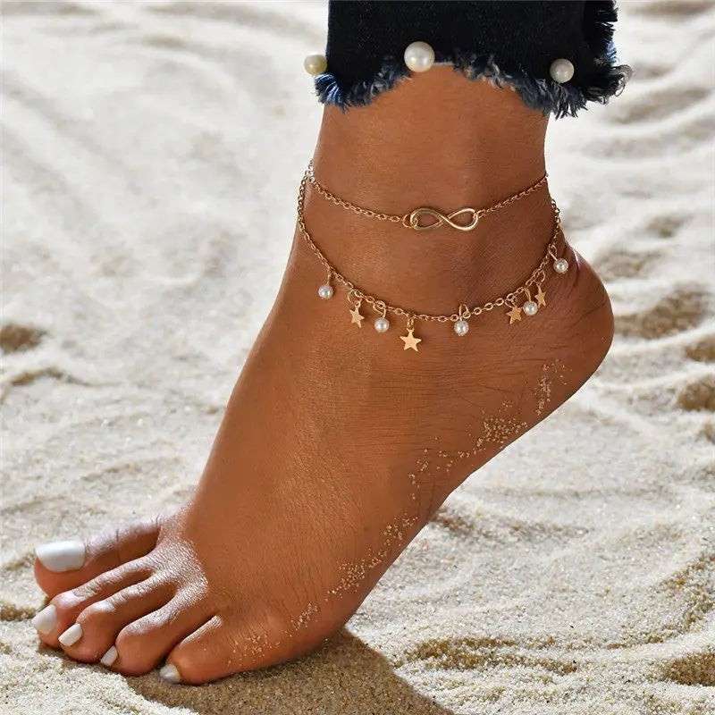 Simple Anklet Silver Color Double Layers Ball Pendant Anklet Summer Beach Bracelets Frosted Beads Anklets Bracelet Women Jewelry