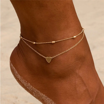 Simple Anklet Silver Color Double Layers Ball Pendant Anklet Summer Beach Bracelets Frosted Beads Anklets Bracelet Women Jewelry
