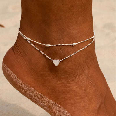 Simple Anklet Silver Color Double Layers Ball Pendant Anklet Summer Beach Bracelets Frosted Beads Anklets Bracelet Women Jewelry