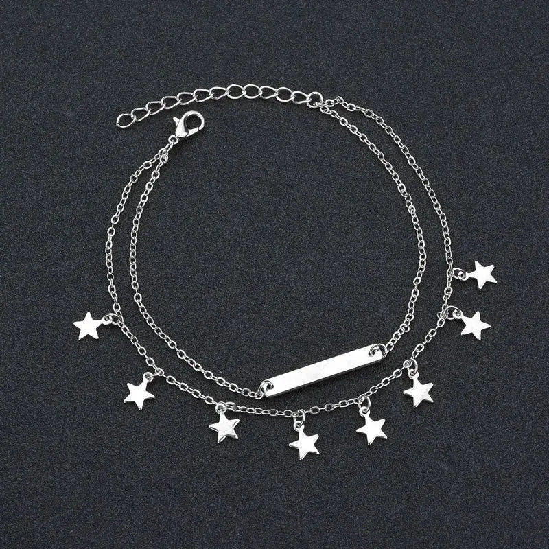 Simple Anklet Silver Color Double Layers Ball Pendant Anklet Summer Beach Bracelets Frosted Beads Anklets Bracelet Women Jewelry
