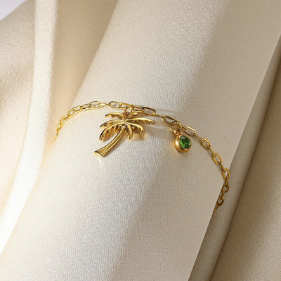 Palm Tree Birthstone Anklet Shiny Layered Chain Anklets For Women Gold Color Stainless Steel Waterproof Beach Jewelry Her Gift