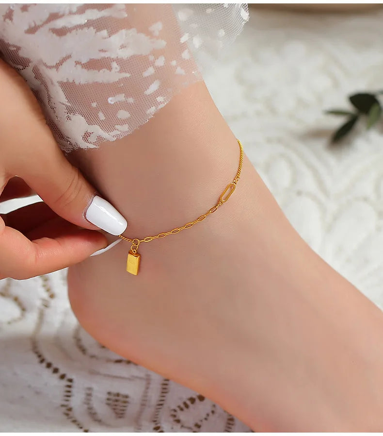 2 Pcs Gold Plated Summer Green Crystal with Shell Pendant Anklet Stainless Steel Beaded Waterproof Jewelry Wholesale