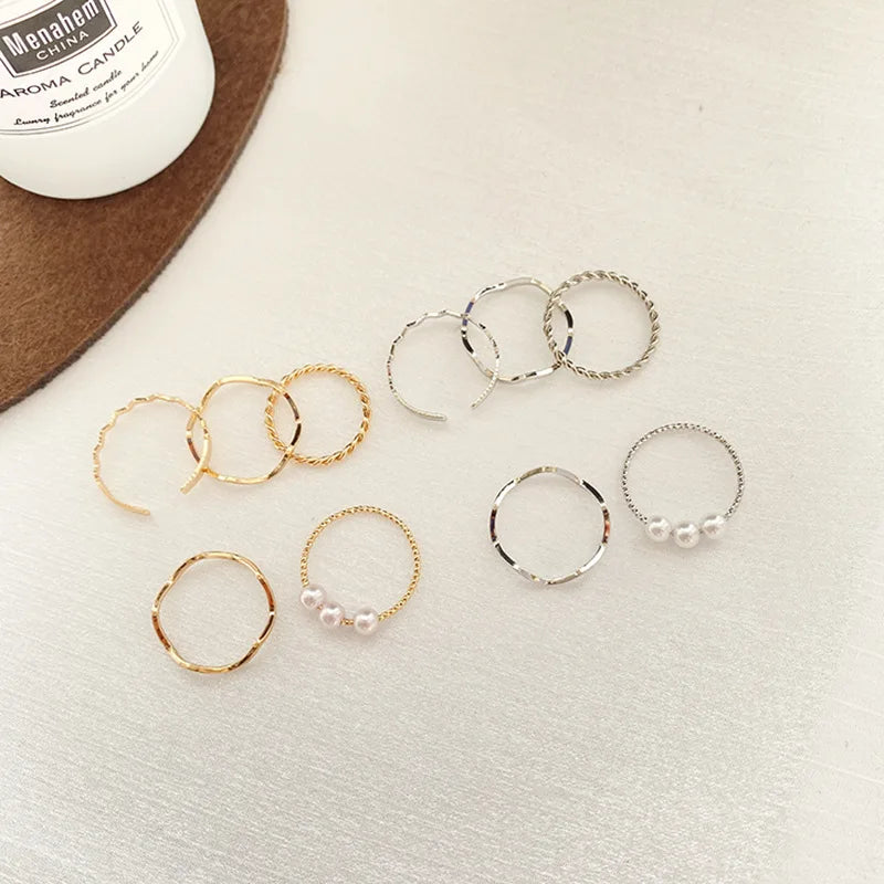 5pcs/set Rings for Women Simple Three Pearl Wavy Metal Twist Combination Joint Ring Trendy Personality Golden Party Jewelry Gift
