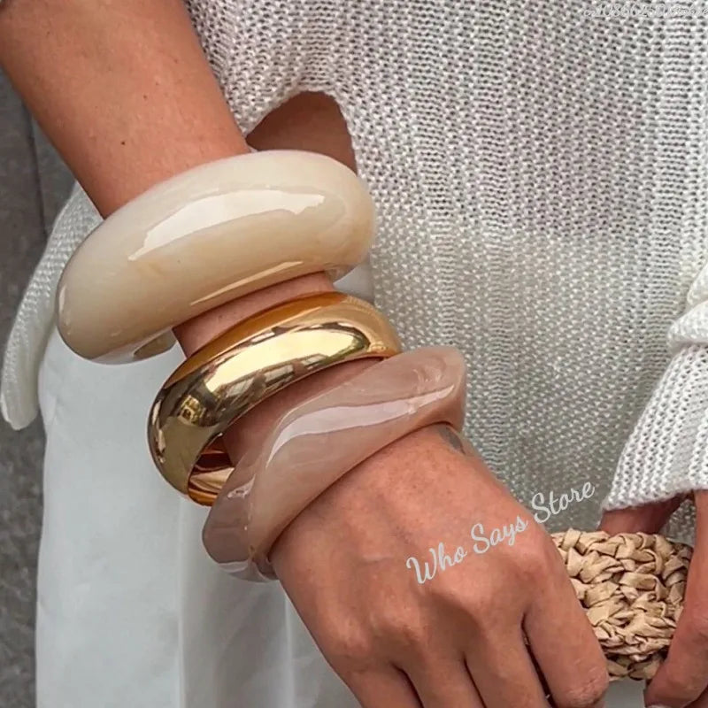 Vintage Punk Beige Khaki Thick Resin Acrylic Smudging Bangles Geometric Irregular Bangle Bracelets For Women Men Jewelry