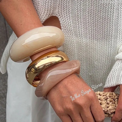 Vintage Punk Beige Khaki Thick Resin Acrylic Smudging Bangles Geometric Irregular Bangle Bracelets For Women Men Jewelry