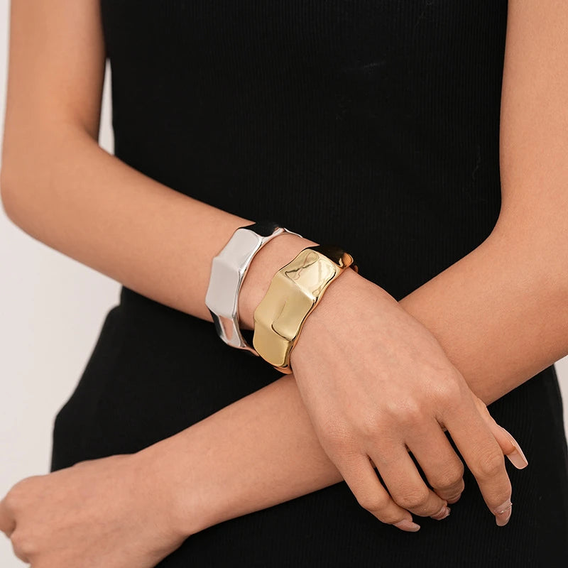 Exaggerated Geometric Wide Cuff Bangles for Women Men Punk Hip Hop Chunky Gold Silver Color Statement Bracelet Jewelry Gift