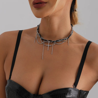 New Y2K Cross Pendant Beaded Necklace Women Boho Crystal Class Tassels Clavicle Chain Cool Choker Exquisite Fashion Jewelry