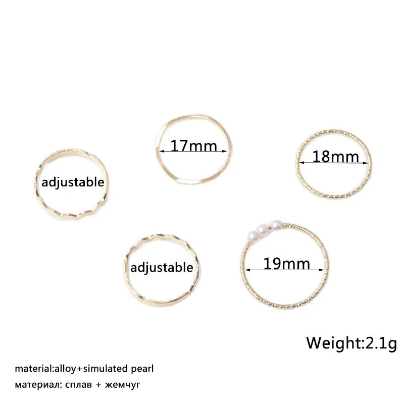 5pcs/set Rings for Women Simple Three Pearl Wavy Metal Twist Combination Joint Ring Trendy Personality Golden Party Jewelry Gift