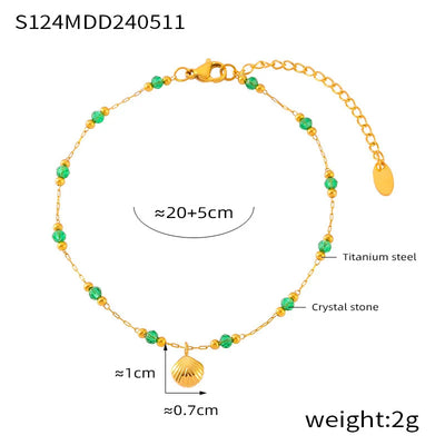 2 Pcs Gold Plated Summer Green Crystal with Shell Pendant Anklet Stainless Steel Beaded Waterproof Jewelry Wholesale