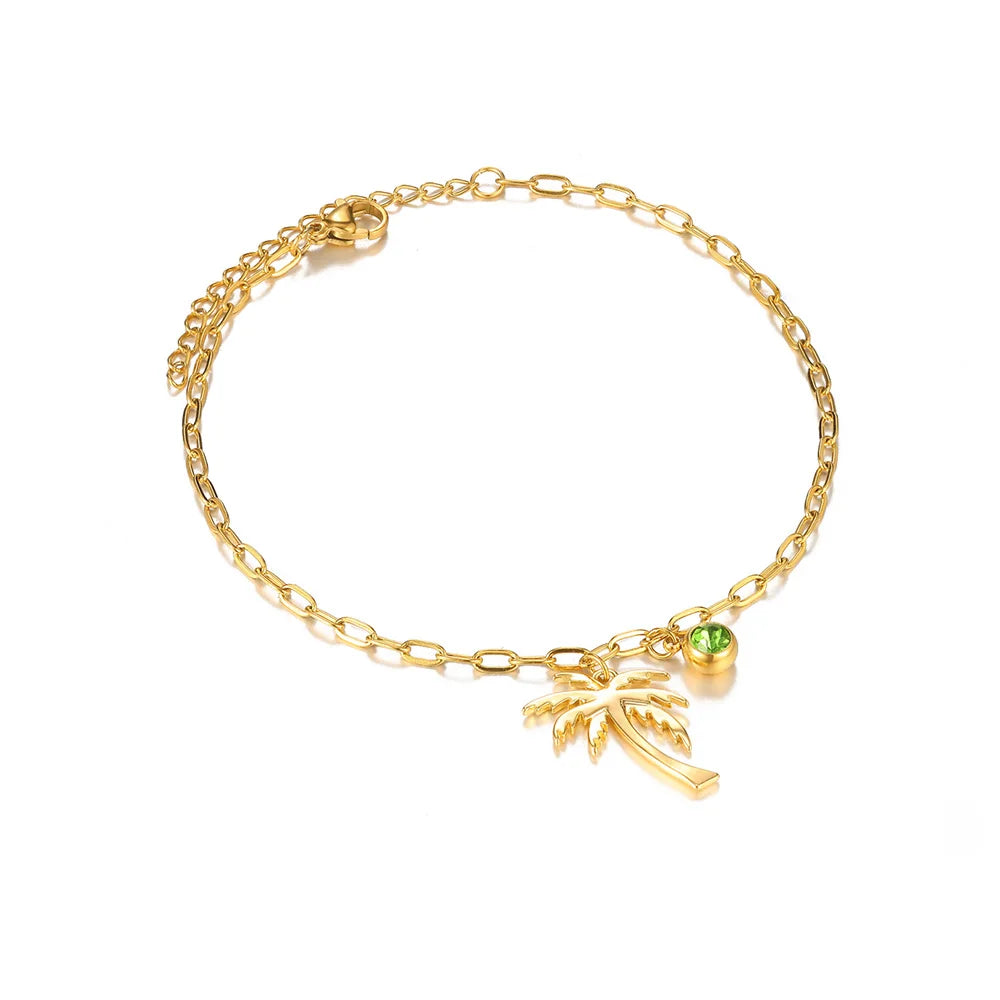 Palm Tree Birthstone Anklet Shiny Layered Chain Anklets For Women Gold Color Stainless Steel Waterproof Beach Jewelry Her Gift
