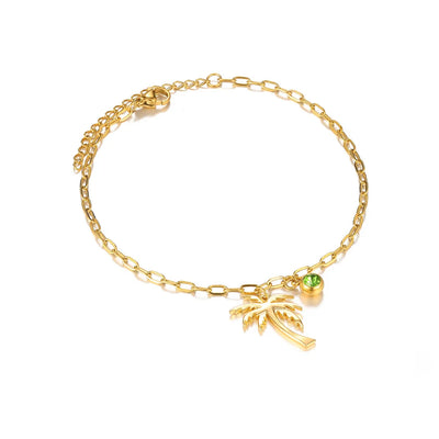 Palm Tree Birthstone Anklet Shiny Layered Chain Anklets For Women Gold Color Stainless Steel Waterproof Beach Jewelry Her Gift