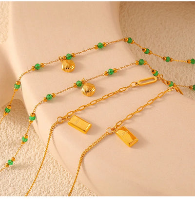 2 Pcs Gold Plated Summer Green Crystal with Shell Pendant Anklet Stainless Steel Beaded Waterproof Jewelry Wholesale