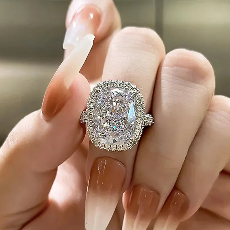 Fashion Female Rings 925 Sterling Silver Shining Big Square 4 Claw Inlaid Zircon Rings for Women  Banquet Wedding Jewelry Gift