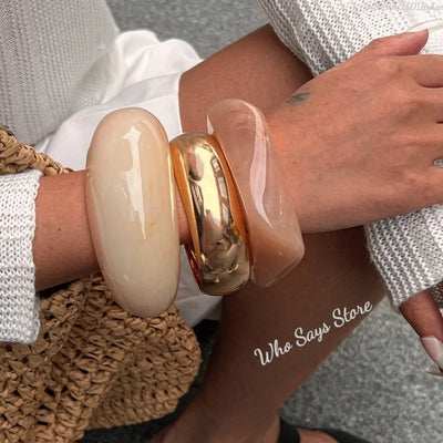 Vintage Punk Beige Khaki Thick Resin Acrylic Smudging Bangles Geometric Irregular Bangle Bracelets For Women Men Jewelry