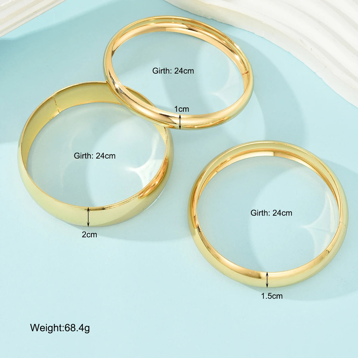 3Pcs/Set Round Smooth Gold Color Wide Bangles Set for Women Simple Temperament Thick Bracelet New Fashion Luxury Wedding Jewelry